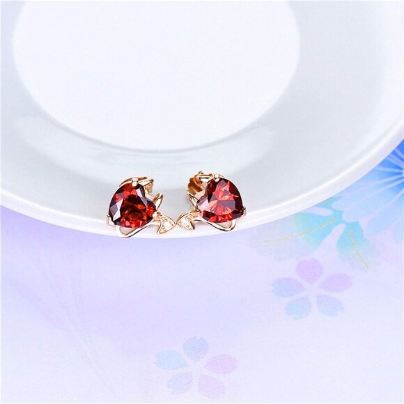 18K Gold Plated Ruby Women's Heart Stud Earrings 15mm Timeless Gift - Picture 2 of 5